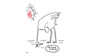 Ostrich's head in the ground with speech bubble: "Still my eyes are burning!"
