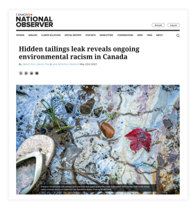 Screenshot of a post by National Observer: "Hidden tailings leak reveals ongoing environmental racism in Canada"