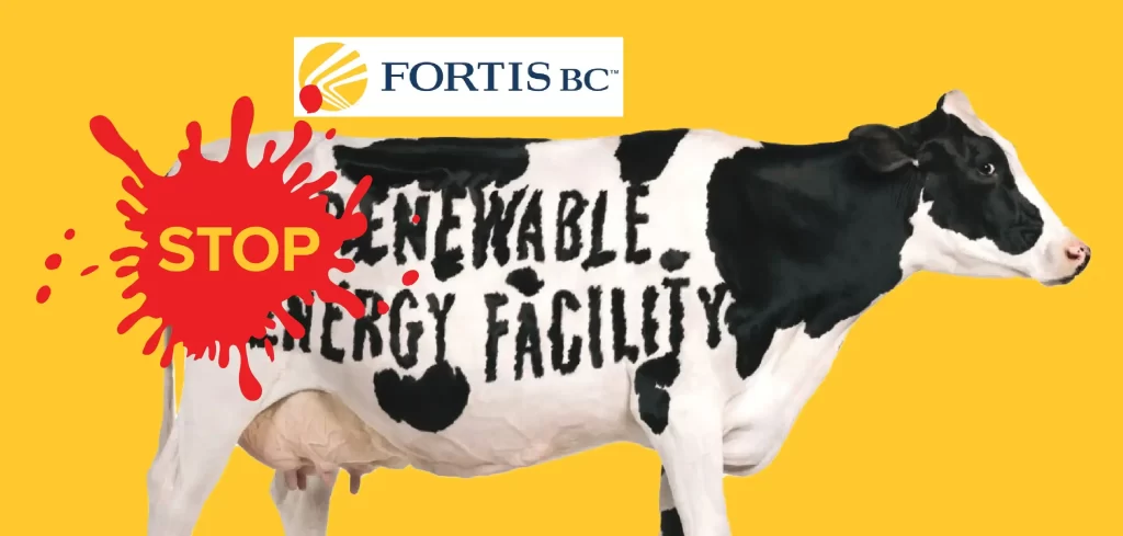 Image of a cow on a yellow background, with the words ''Renewable Energy Facility'' written on the cow, and the logo Fortis BC on top. The ad has been spoofed with a splash of red liquid (blood) with the word ''stop'' in yellow.