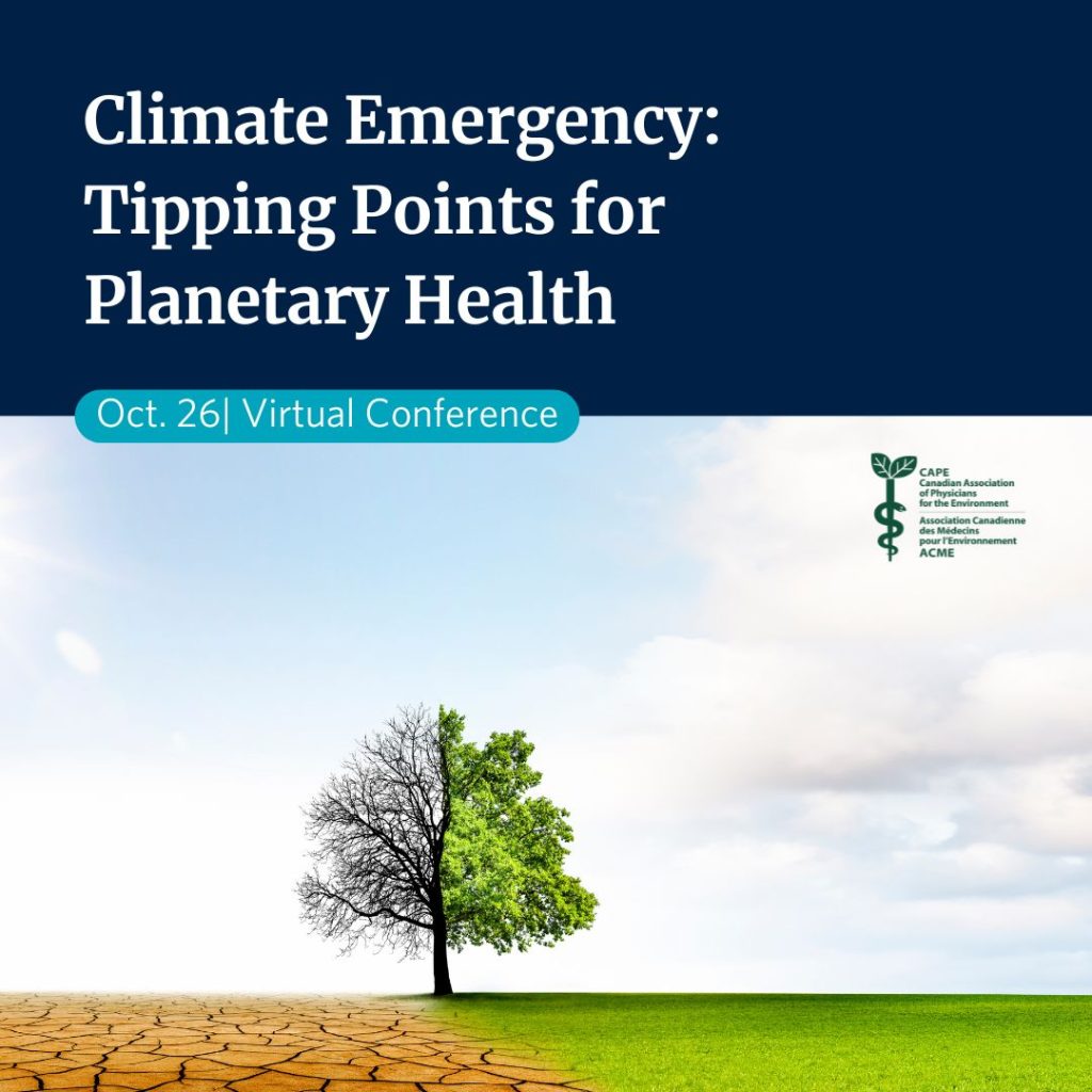 Cover photo for the climate conference with text: "Climate Emergency: Tipping Points for Planetary Health, October 26, Virtual Conference"