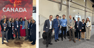 Left photo: A group photo of CAPE representatives with Canadian Minister of the Environment, Stephen Guilbeault, whom was presented with a letter on behalf of For Our Kids. Right photo: A group photo of CAPE representatives, Ontario MPP, and Ministry policy director. 