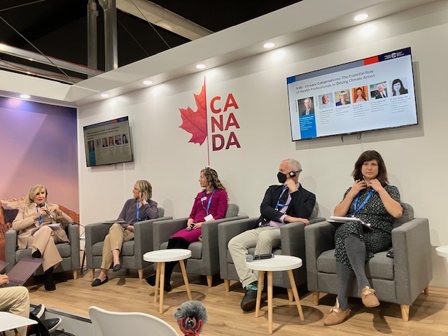 Dr Maria Neira (WHO); Dr Joss Reimer (President, CMA); Dr Courtney Howard (Past President, CAPE); Dr Joe Vipond (Past President, CAPE); Dr Leah Temper (Fossil Fuel Ad Ban Campaign Manager, CAPE) sit in a discussion panel