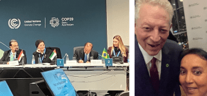 Left photo: Ministers sit together to sign the Letter of Intent for the Baku COP Presidencies Continuity Coalition for Climate and Health at COP29. Right photo: Dr. Mili Roy poses with former US Vice President, Al Gore