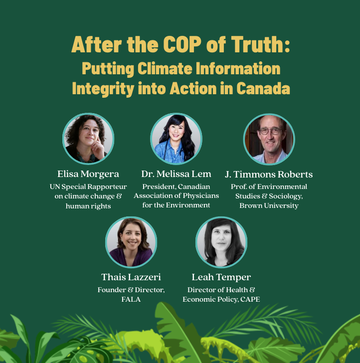 COP30 climate panel graphic featuring climate health speakers: Elisa Morgera, Dr. Melissa Lem, J. Timmons Roberts, Thais Lazzeri and Leah Temper