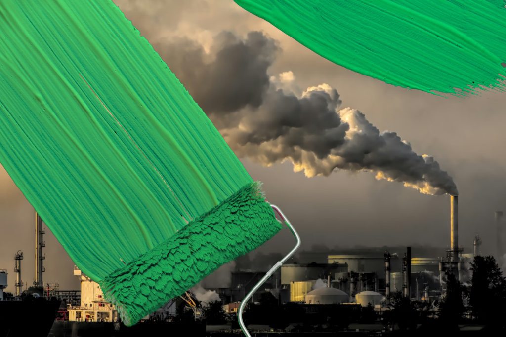 Gloomy landscape photo of an industrial operation with a smokestack emitting a large volume of pollution, and a graphic of green paint being rolled over the image with a paint roller